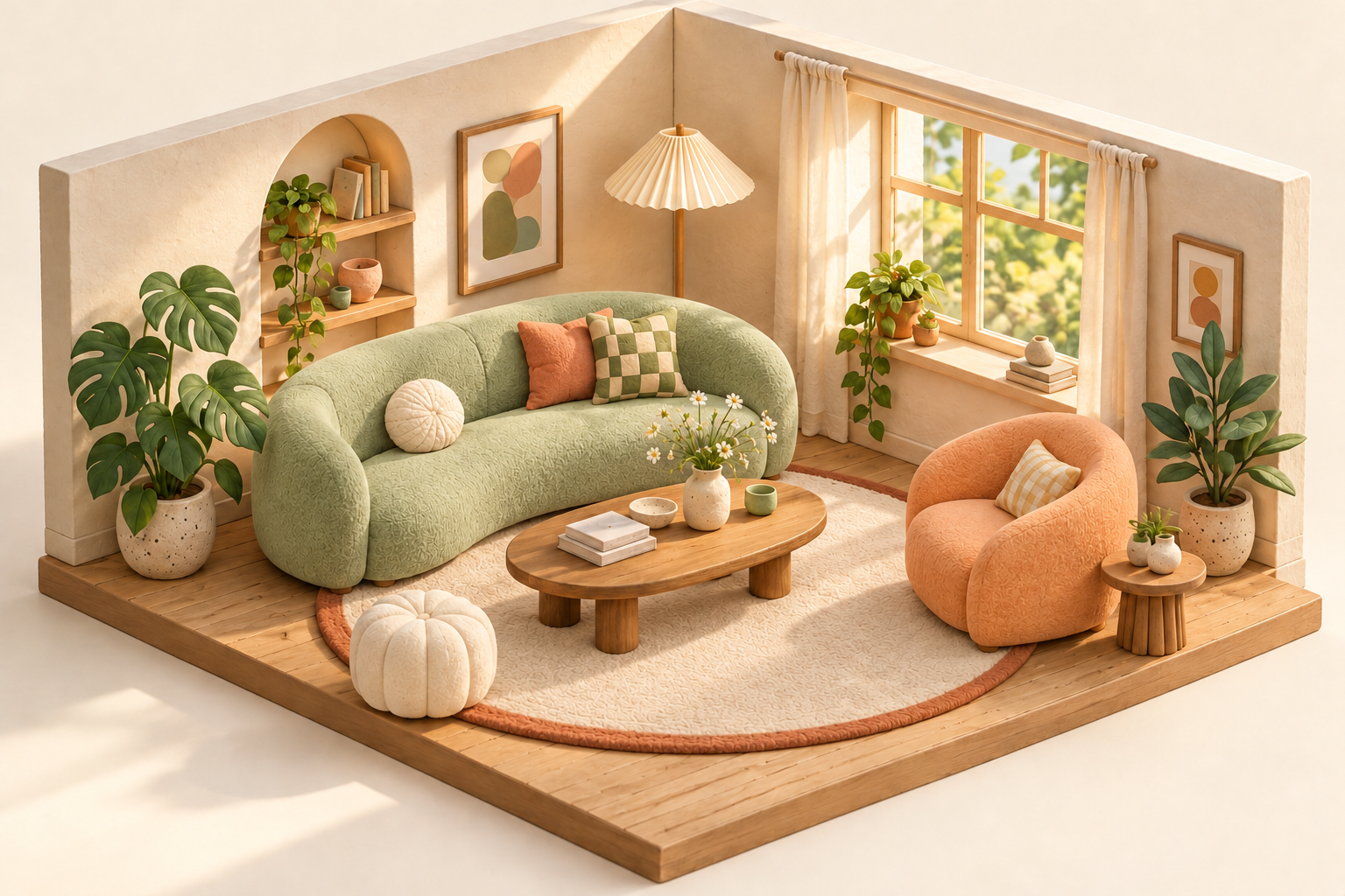 Miniature pastel living room with a pistachio sofa, apricot chair, oatmeal rug, and a sunny window